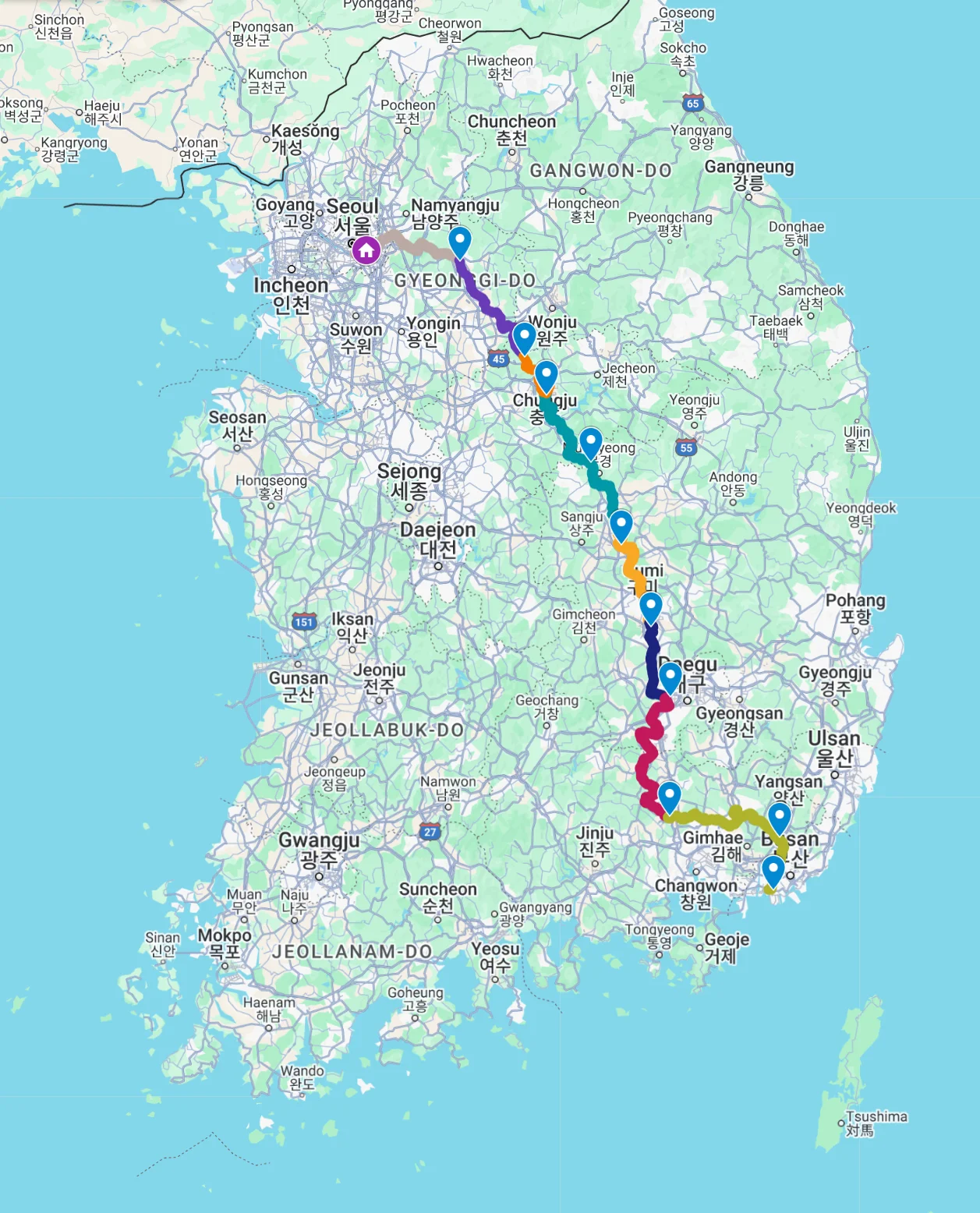 Map showing the planned 560km kick scooter route from Busan to Seoul through South Korea, following the Nakdonggang, Saejae, Namhangang and Hangang bike path network
